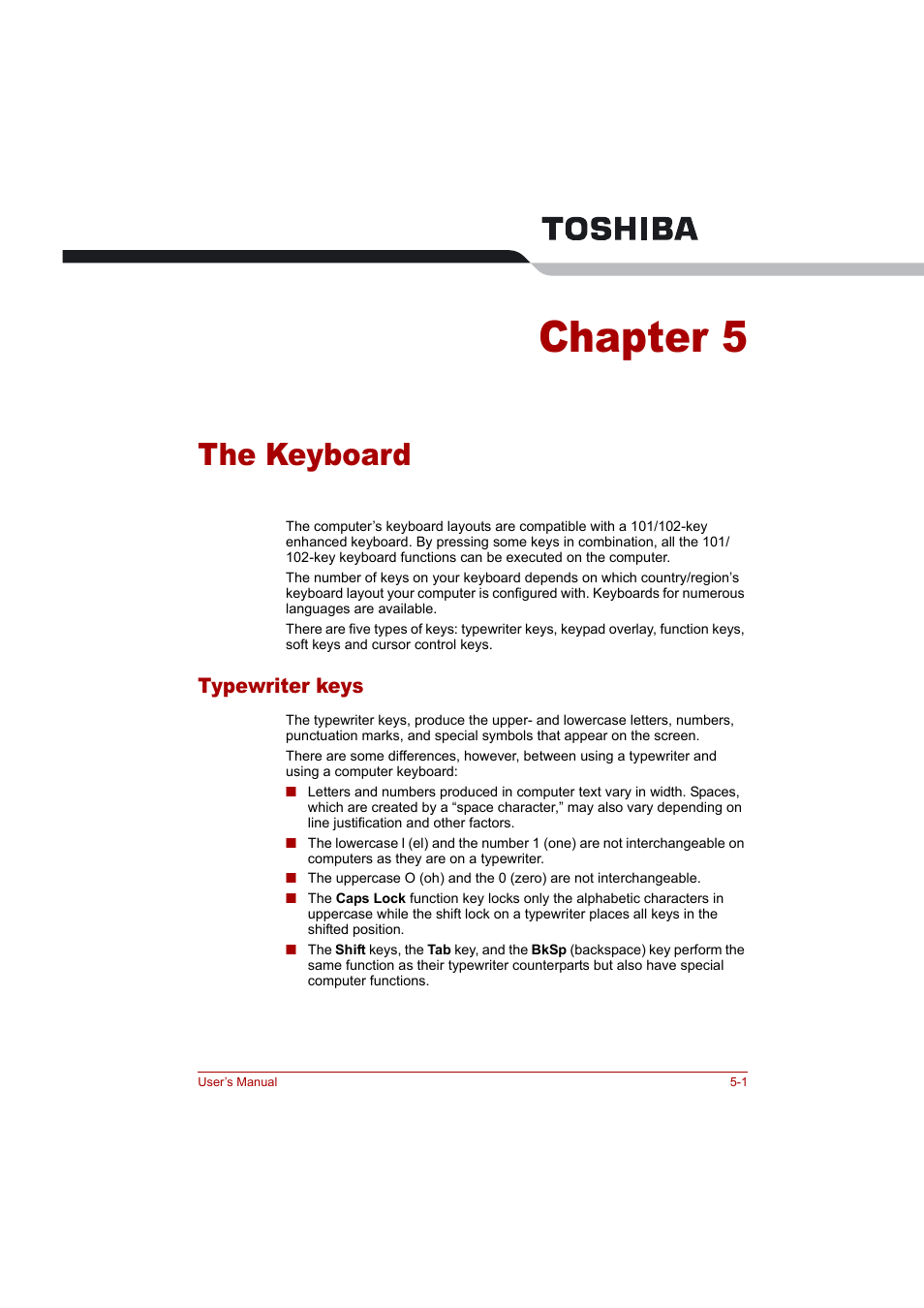 Chapter 5: the keyboard, Typewriter keys, The keyboard | Chapter 5, Typewriter keys -1, Keyboard | Toshiba Tecra A4 (PTA42) User Manual | Page 81 / 174