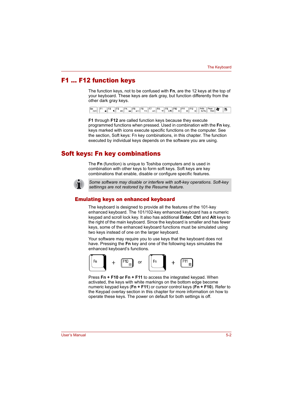 F1 ... f12 function keys, Soft keys: fn key combinations | Toshiba Tecra A4 (PTA42) User Manual | Page 82 / 174