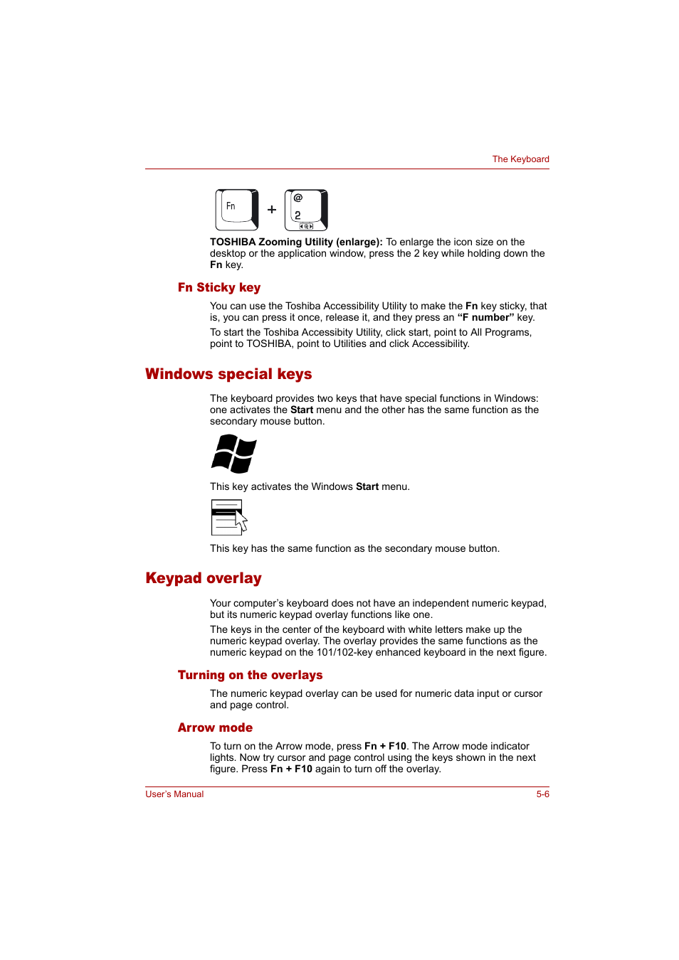 Windows special keys, Keypad overlay, Windows special keys -6 keypad overlay -6 | As cursor keys. refer to the, To the, Keypad, Overlay | Toshiba Tecra A4 (PTA42) User Manual | Page 86 / 174