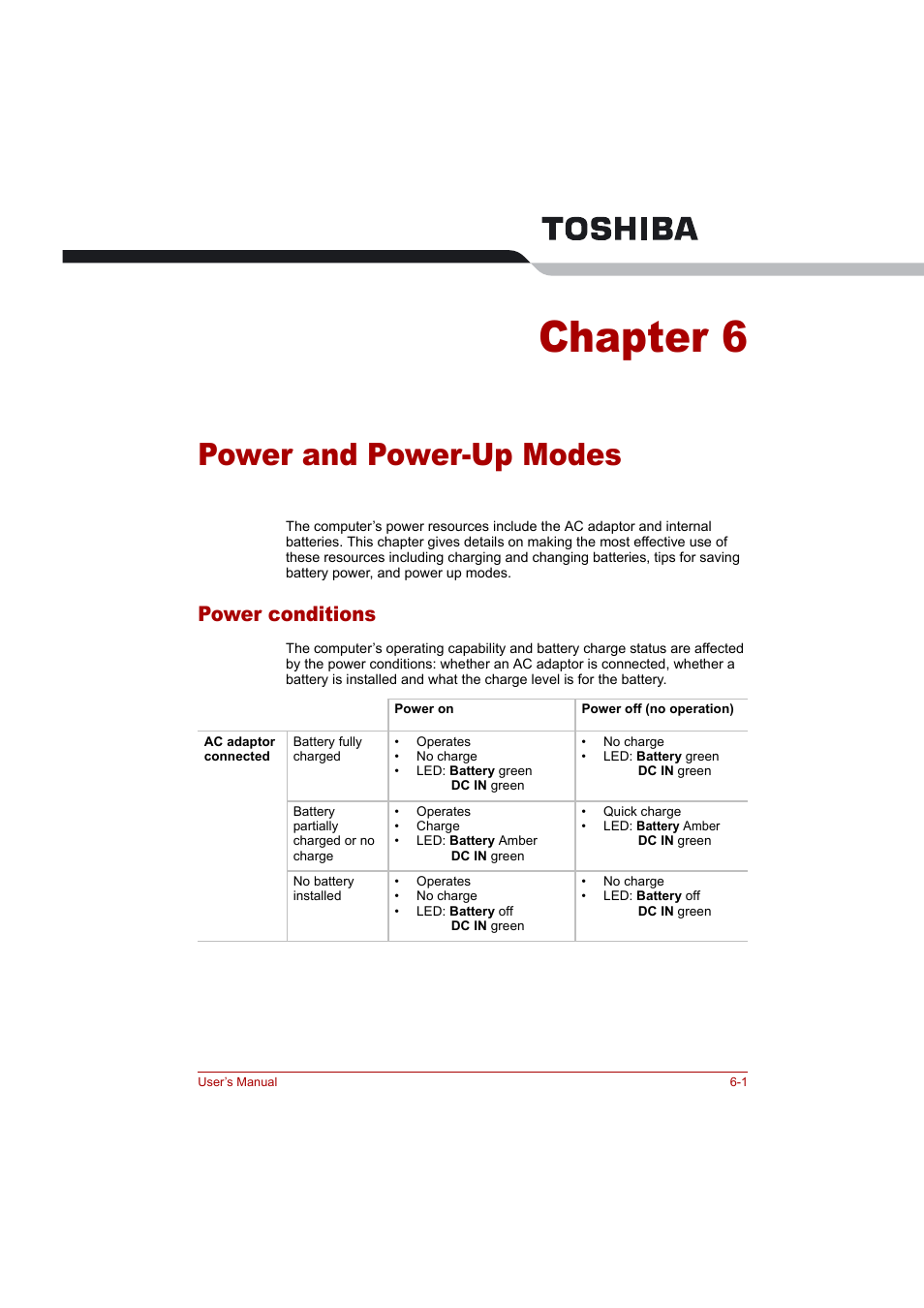 Chapter 6: power and power-up modes, Power conditions, Power and power-up modes | Chapter 6, Power conditions -1 | Toshiba Tecra A4 (PTA42) User Manual | Page 89 / 174