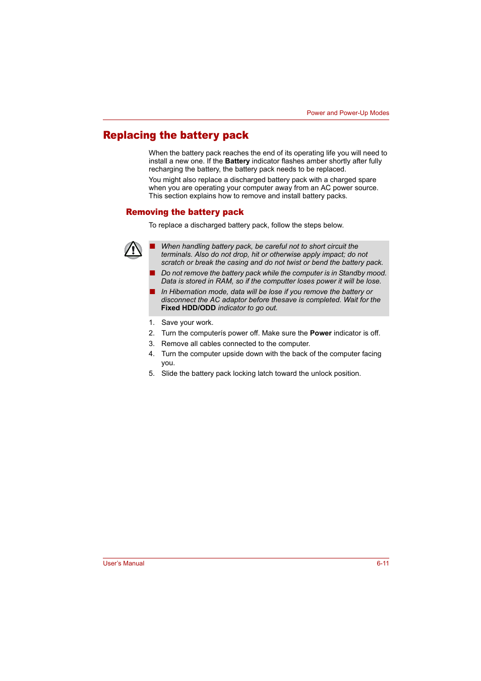 Replacing the battery pack, Replacing the battery pack -11 | Toshiba Tecra A4 (PTA42) User Manual | Page 99 / 174