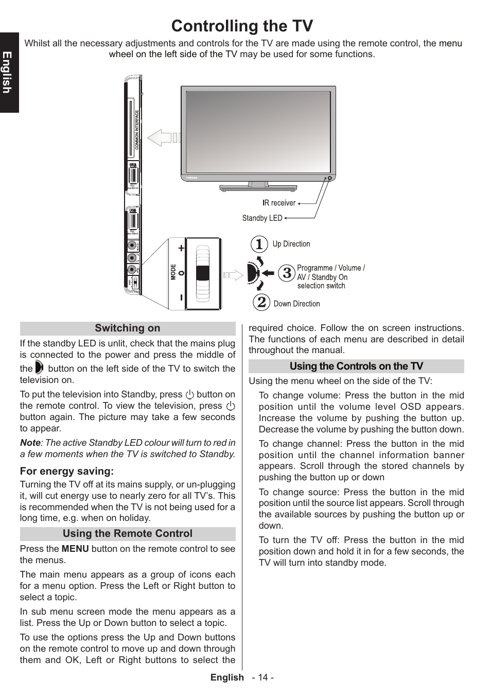 Controlling the tv, English | Toshiba D1434 User Manual | Page 16 / 61