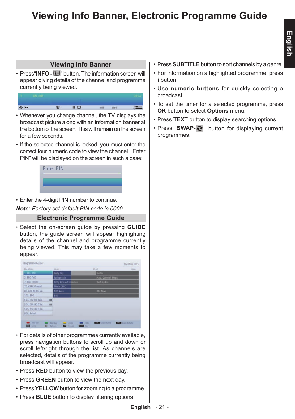 Viewing info banner, electronic programme guide, English | Toshiba D1434 User Manual | Page 23 / 61