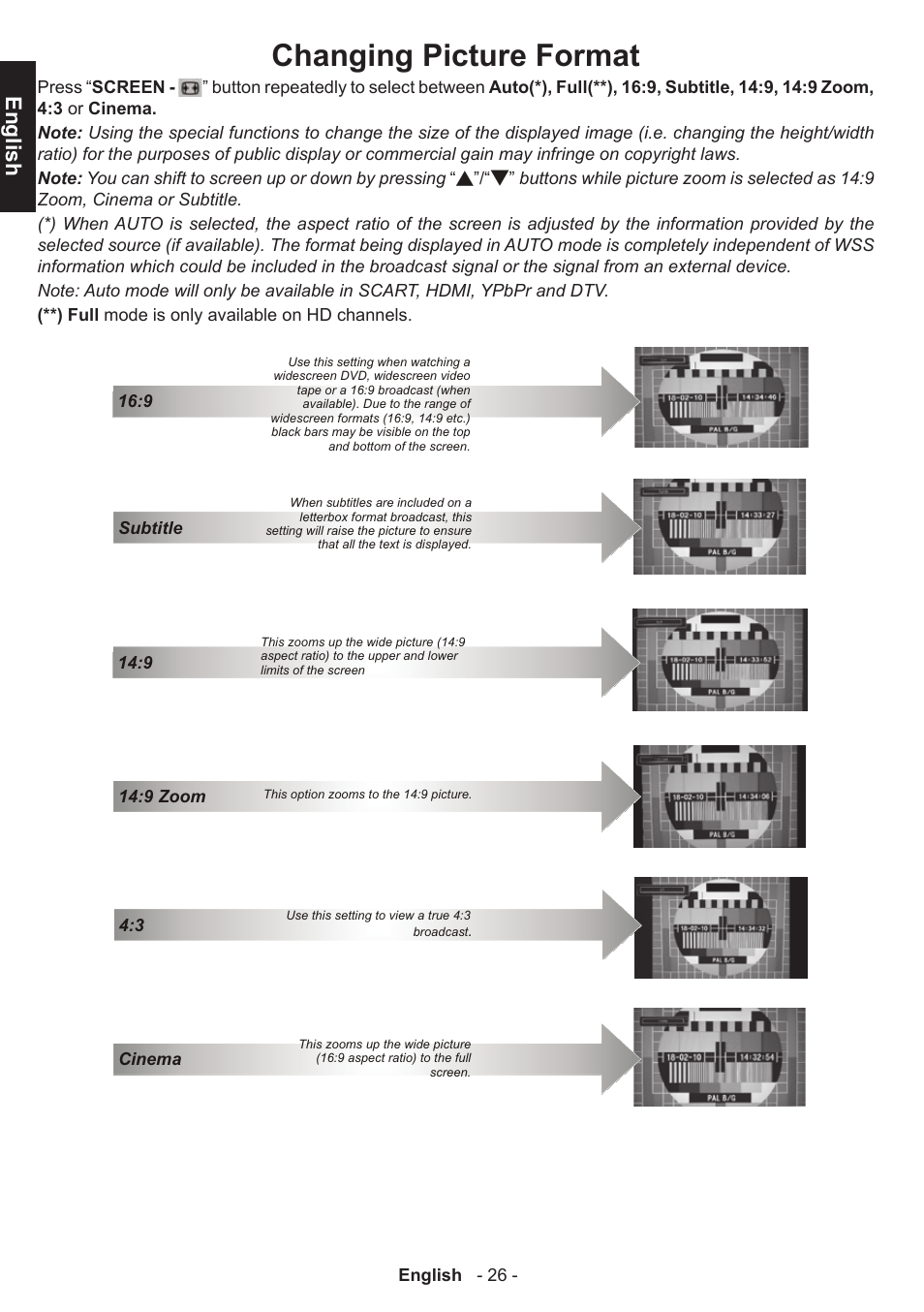 Changing picture format, English | Toshiba D1434 User Manual | Page 28 / 61