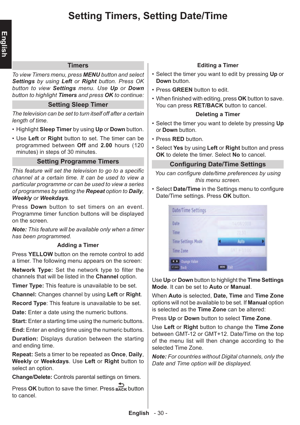 Setting timers, setting date/time, English | Toshiba D1434 User Manual | Page 32 / 61