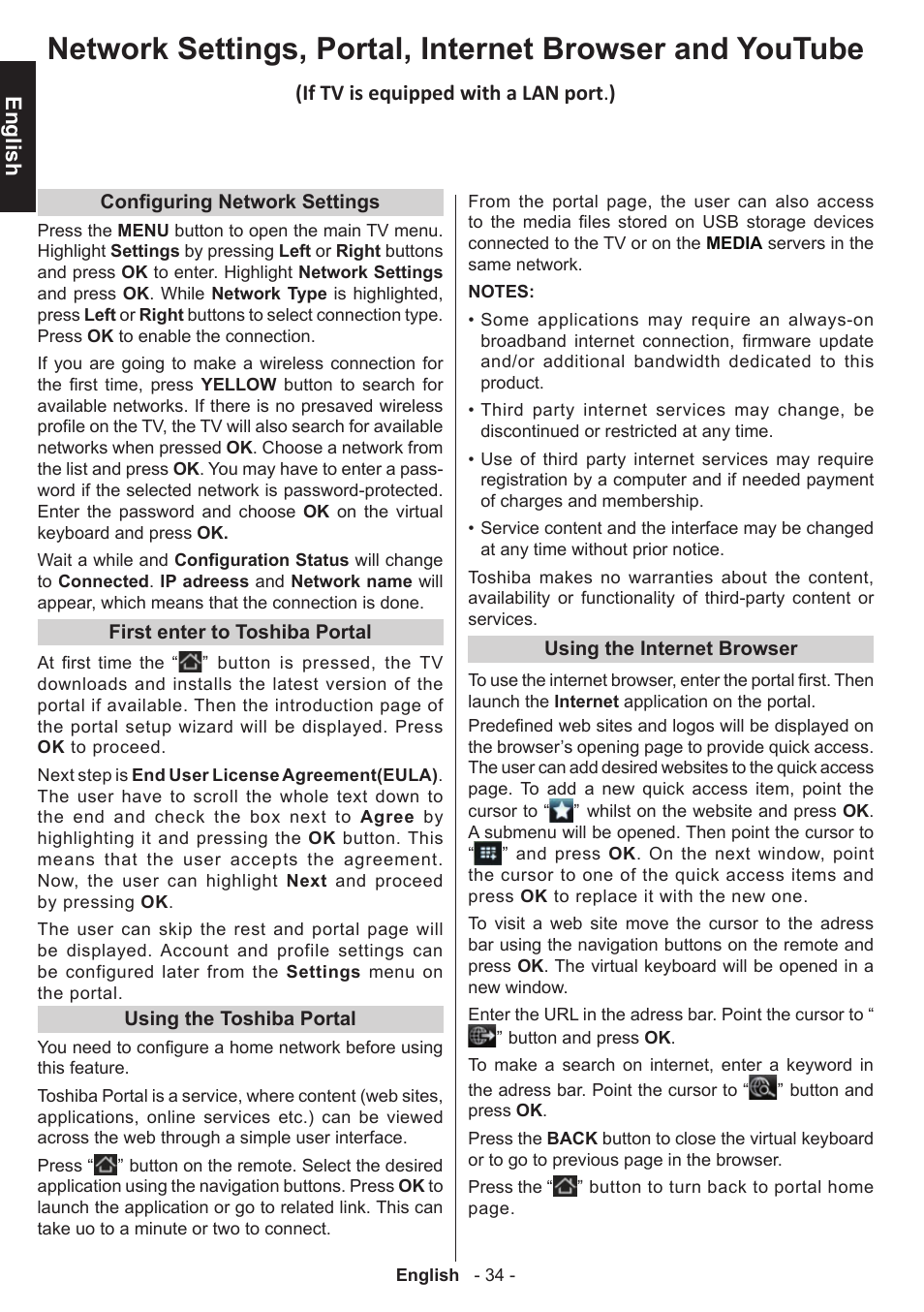 English, If tv is equipped with a lan port . ) | Toshiba D1434 User Manual | Page 36 / 61