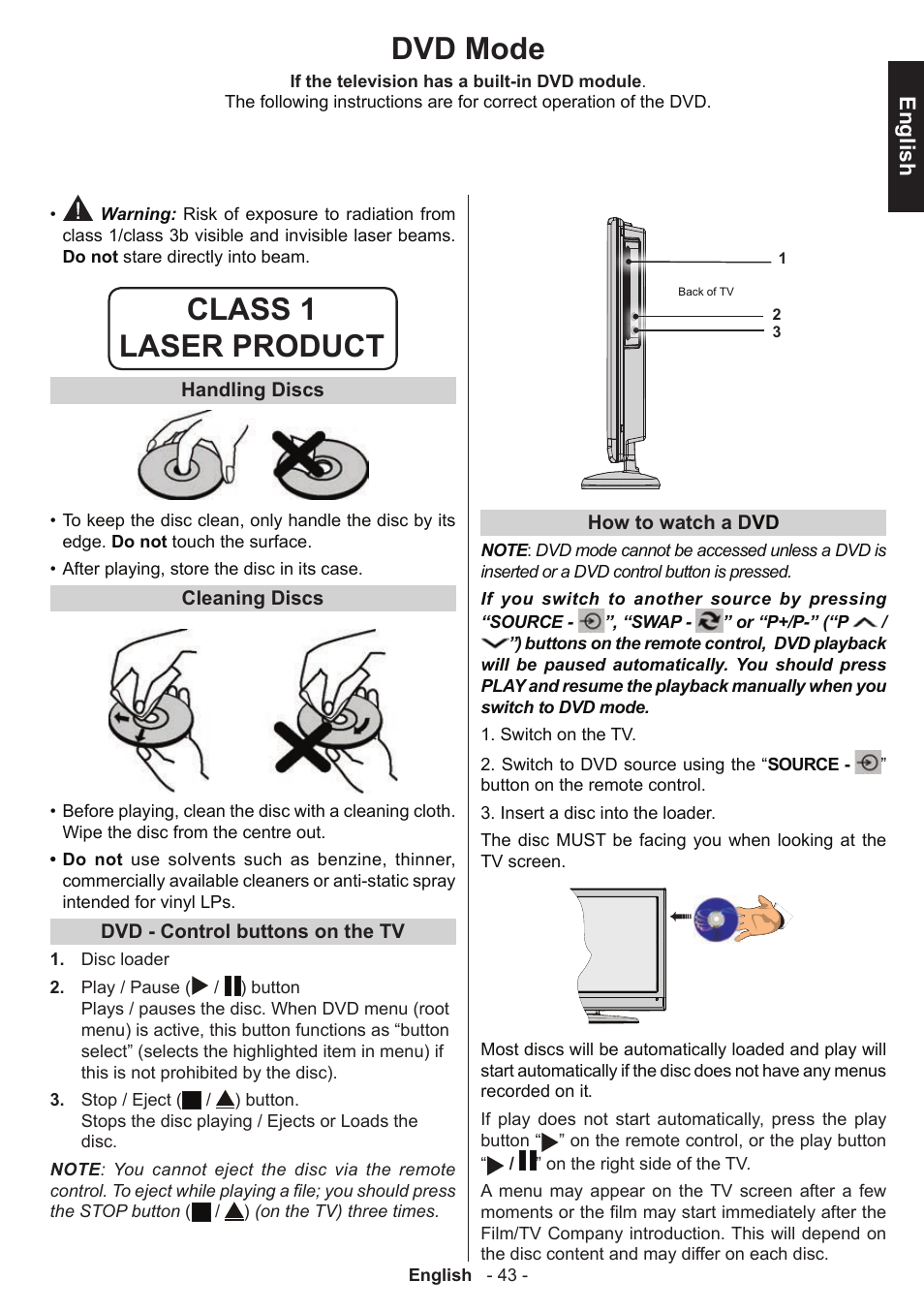 Class 1 laser product, Dvd mode | Toshiba D1434 User Manual | Page 45 / 61