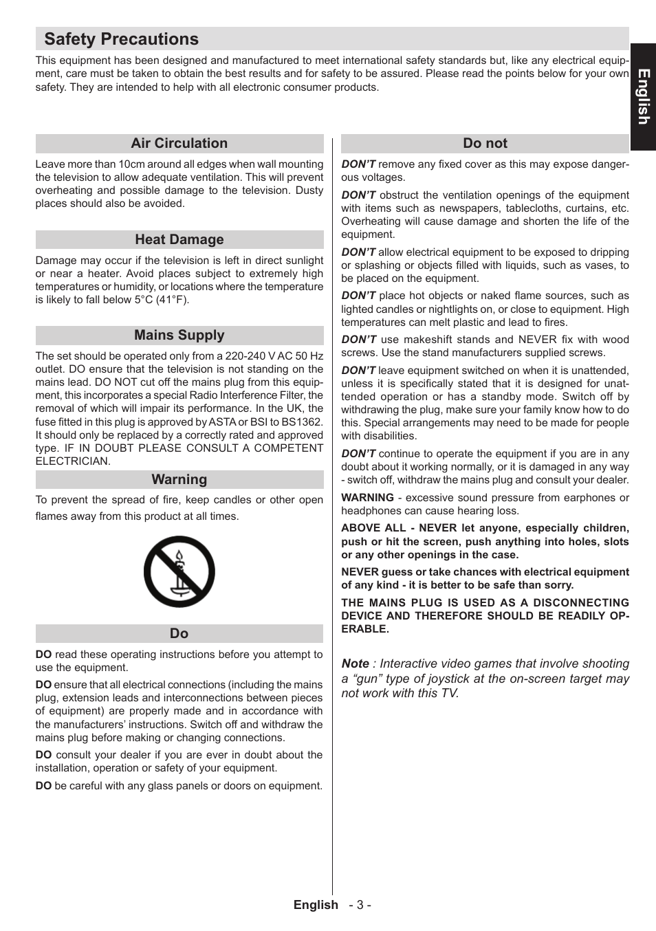 Safety precautions, English, Air circulation | Heat damage, Mains supply, Warning, Do not | Toshiba D1434 User Manual | Page 5 / 61