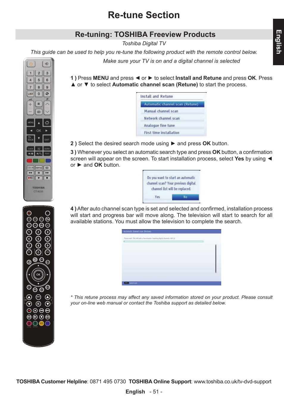 Re-tuning: toshiba freeview products, English, English - 51 | Toshiba D1434 User Manual | Page 53 / 61