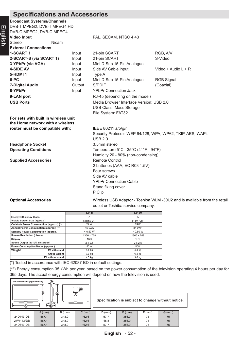 Specifications and accessories, English, English - 52 | Toshiba D1434 User Manual | Page 54 / 61