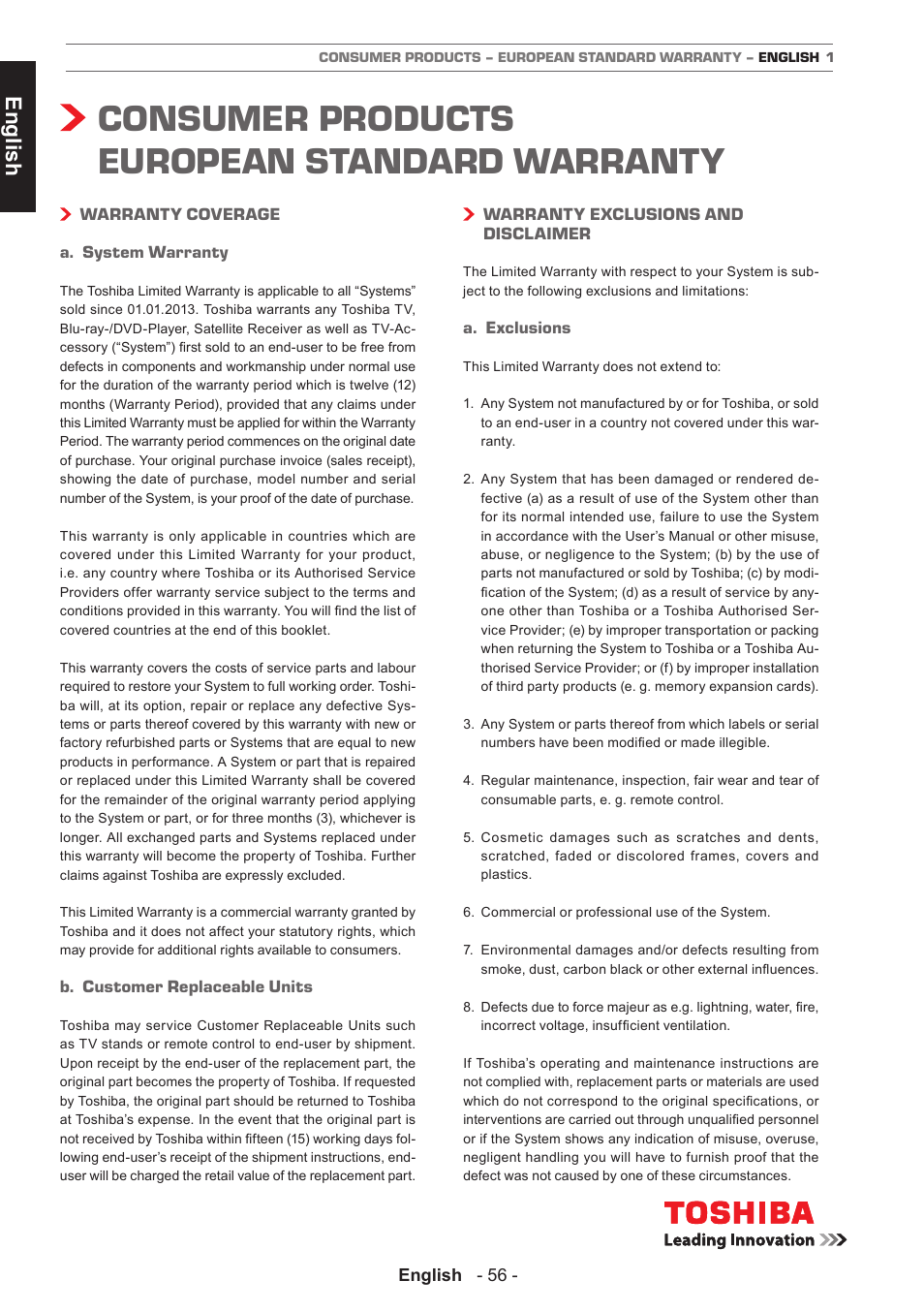 Consumer products european standard warranty, English | Toshiba D1434 User Manual | Page 58 / 61