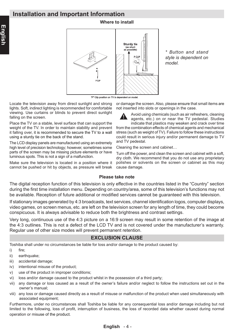 Installation and important information, English, Exclusion clause | Toshiba D1434 User Manual | Page 6 / 61