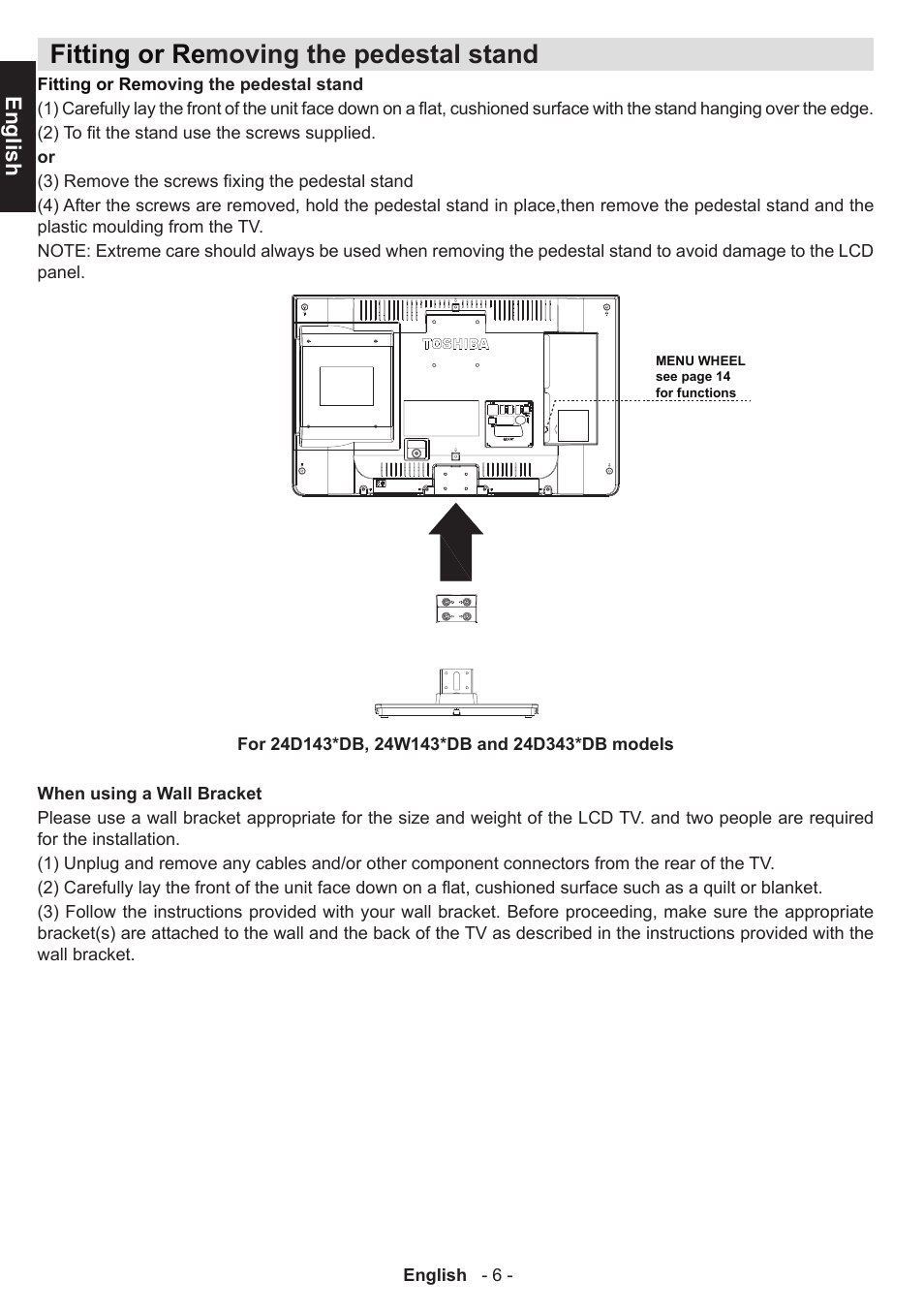 Fitting or re moving the pedestal stand, English | Toshiba D1434 User Manual | Page 8 / 61