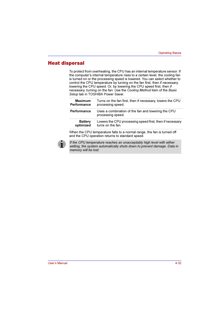 Heat dispersal, Heat dispersal -32 | Toshiba Qosmio E10 User Manual | Page 100 / 200