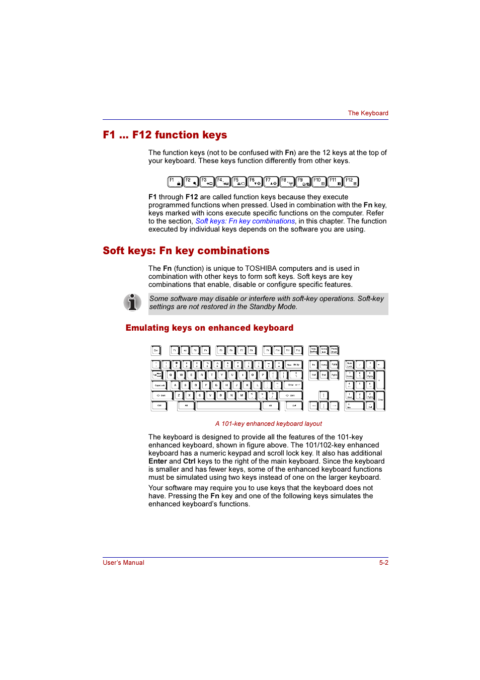 F1 … f12 function keys, Soft keys: fn key combinations, Emulating keys on enhanced keyboard | Emulating keys on enhanced keyboard -2 | Toshiba Qosmio E10 User Manual | Page 102 / 200