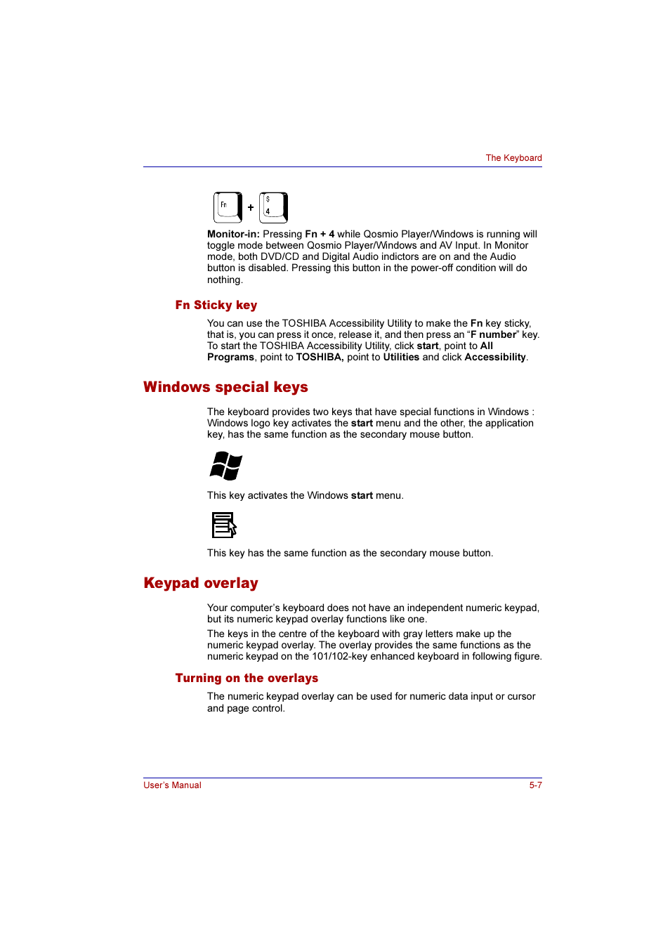 Fn sticky key, Windows special keys, Keypad overlay | Turning on the overlays, Fn sticky key -7, Windows special keys -7 keypad overlay -7, Turning on the overlays -7, Keypad, Overlay | Toshiba Qosmio E10 User Manual | Page 107 / 200