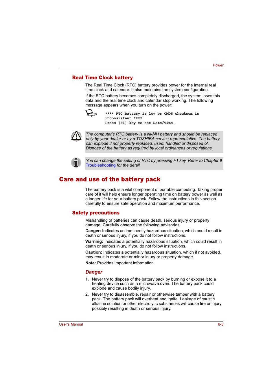 Real time clock battery, Care and use of the battery pack, Safety precautions | Real time clock battery -5, Care and use of the battery pack -5, Safety precautions -5 | Toshiba Qosmio E10 User Manual | Page 114 / 200