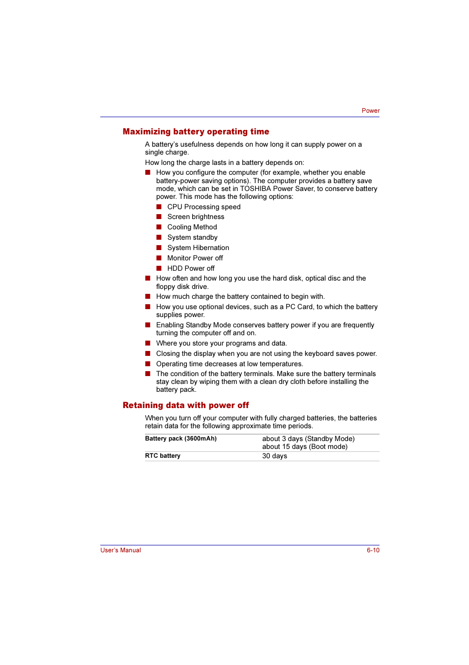 Maximizing battery operating time, Retaining data with power off | Toshiba Qosmio E10 User Manual | Page 119 / 200