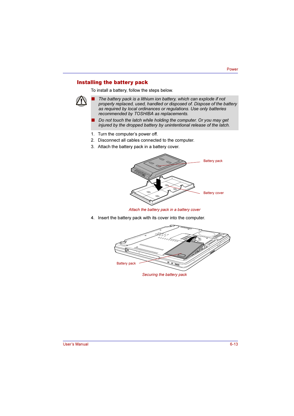 Installing the battery pack, Installing the battery pack -13 | Toshiba Qosmio E10 User Manual | Page 122 / 200