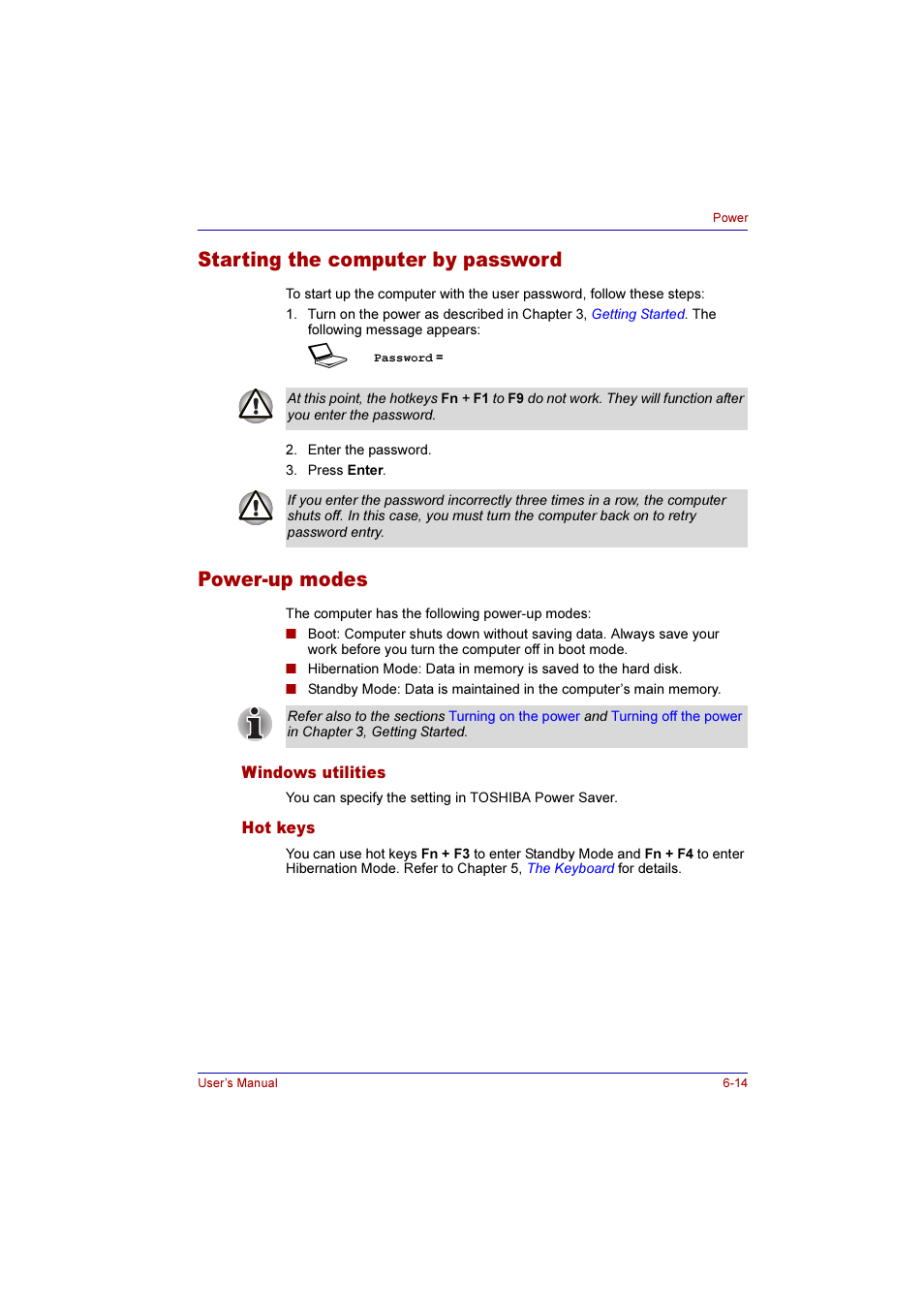 Starting the computer by password, Power-up modes, Windows utilities | Hot keys, Starting the computer by password -14, Power-up modes -14, Windows utilities -14 hot keys -14 | Toshiba Qosmio E10 User Manual | Page 123 / 200