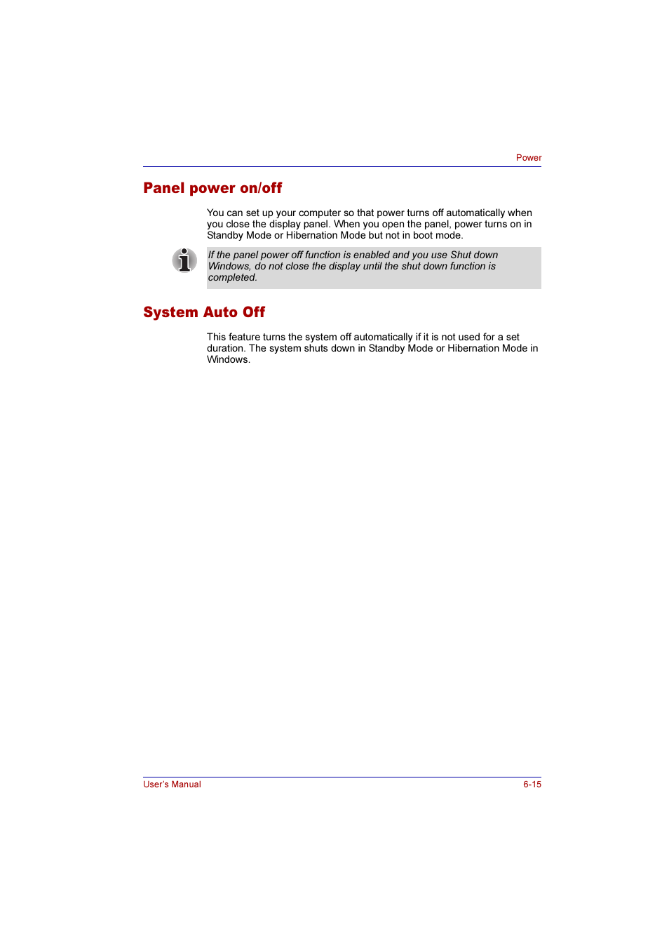 Panel power on/off, System auto off, Panel power on/off -15 system auto off -15 | Toshiba Qosmio E10 User Manual | Page 124 / 200