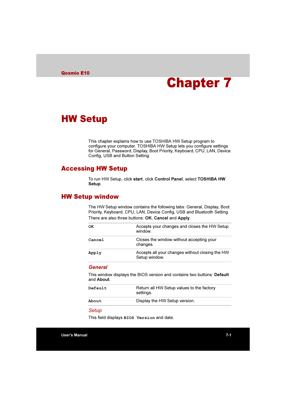 Chapter 7 hw setup, Accessing hw setup, Hw setup window | Hw setup, Accessing hw setup -1 hw setup window -1, Chapter 7 | Toshiba Qosmio E10 User Manual | Page 125 / 200