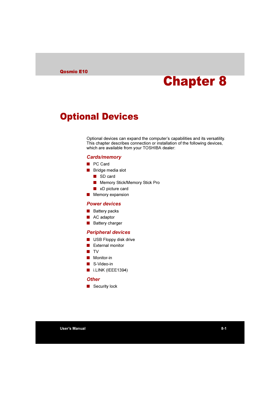 Chapter 8 optional devices, Optional devices, Chapter 8 | Toshiba Qosmio E10 User Manual | Page 132 / 200