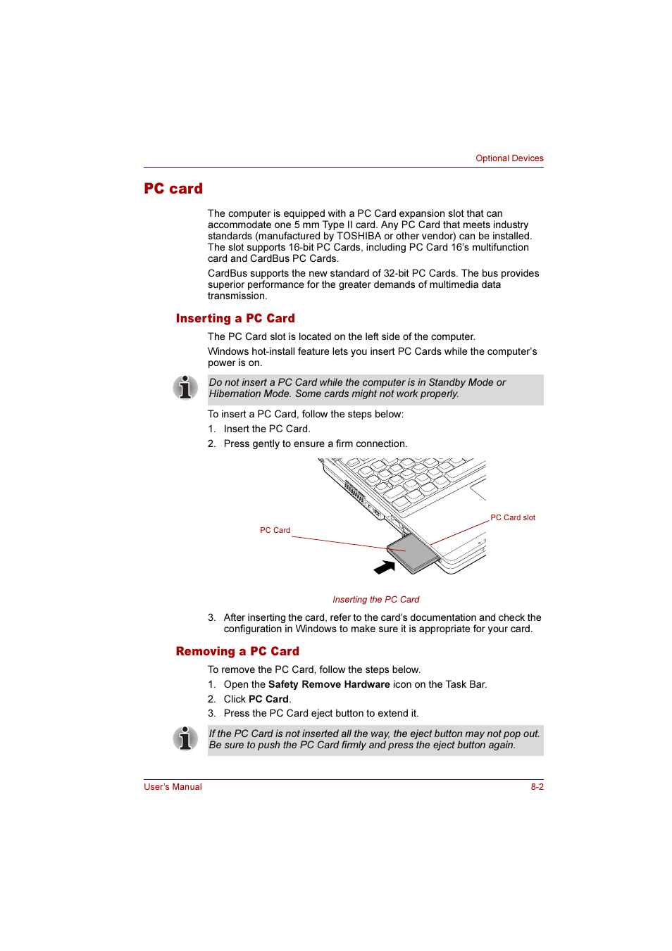 Pc card, Inserting a pc card, Removing a pc card | Pc card -2, Inserting a pc card -2 removing a pc card -2 | Toshiba Qosmio E10 User Manual | Page 133 / 200