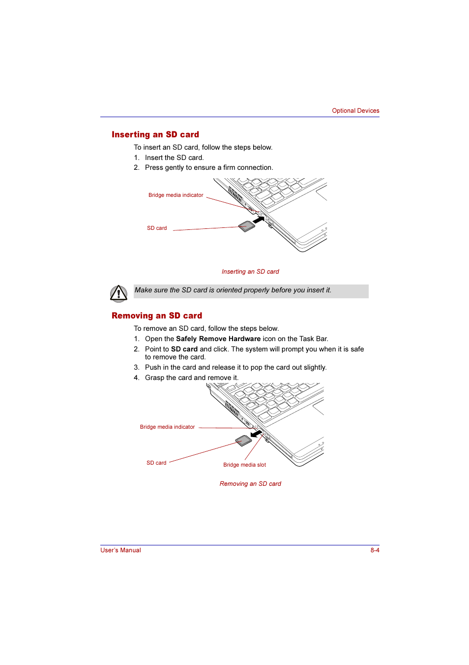 Inserting an sd card, Removing an sd card, Inserting an sd card -4 removing an sd card -4 | Toshiba Qosmio E10 User Manual | Page 135 / 200