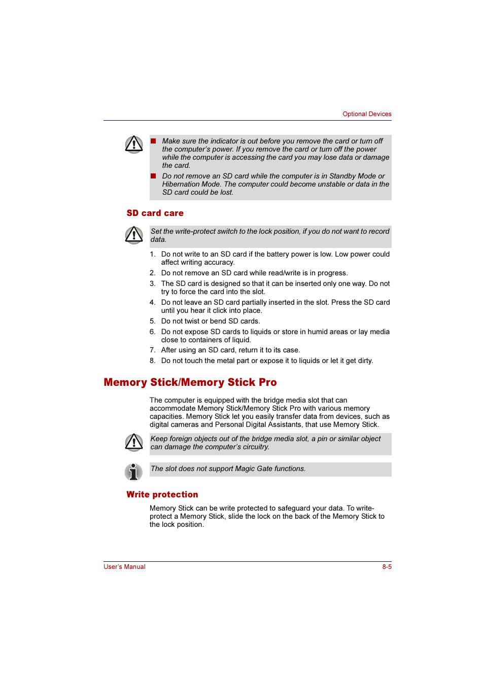 Sd card care, Memory stick/memory stick pro, Write protection | Sd card care -5, Memory stick/memory stick pro -5, Write protection -5 | Toshiba Qosmio E10 User Manual | Page 136 / 200