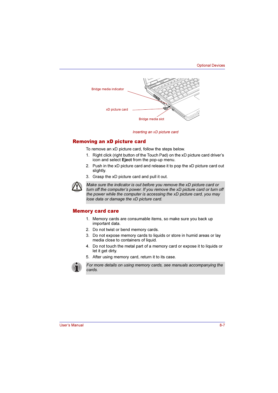 Removing an xd picture card, Memory card care, Removing an xd picture card -7 memory card care -7 | Toshiba Qosmio E10 User Manual | Page 138 / 200