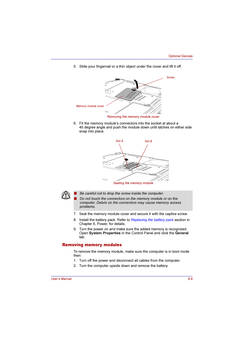 Removing memory modules, Removing memory modules -9 | Toshiba Qosmio E10 User Manual | Page 140 / 200