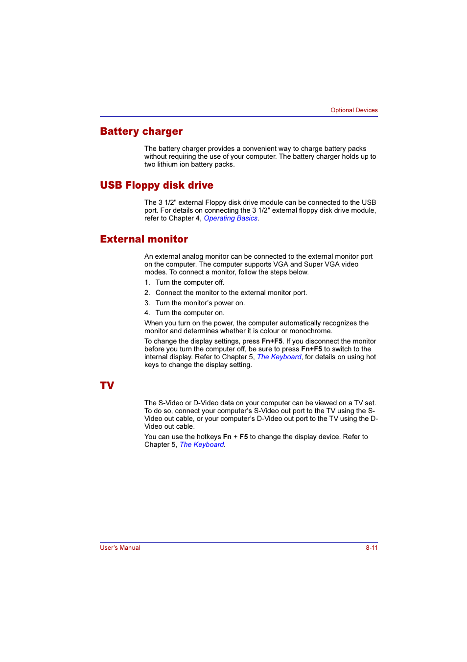 Battery charger, Usb floppy disk drive, External monitor | Toshiba Qosmio E10 User Manual | Page 142 / 200