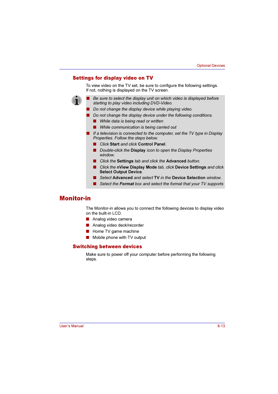 Settings for display video on tv, Monitor-in, Switching between devices | Settings for display video on tv -13, Monitor-in -13, Switching between devices -13 | Toshiba Qosmio E10 User Manual | Page 144 / 200