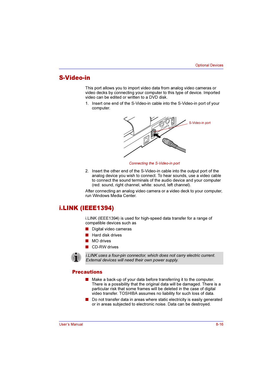 S-video-in, I.link (ieee1394), Precautions | S-video-in -16, I.link (ieee1394) -16, Precautions -16, Video-in | Toshiba Qosmio E10 User Manual | Page 147 / 200