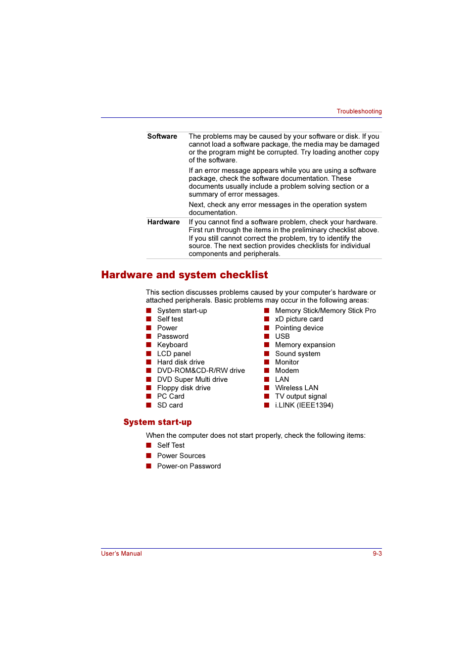 Hardware and system checklist, System start-up, Hardware and system checklist -3 | System start-up -3 | Toshiba Qosmio E10 User Manual | Page 152 / 200