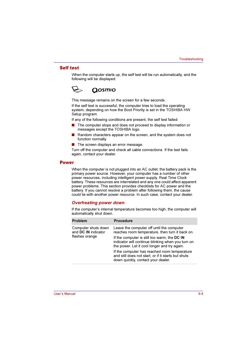 Self test, Power, Self test -4 power -4 | Toshiba Qosmio E10 User Manual | Page 153 / 200