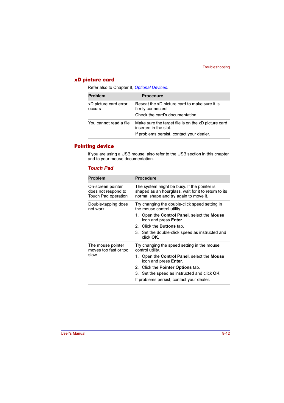 Xd picture card, Pointing device, Xd picture card -12 pointing device -12 | Toshiba Qosmio E10 User Manual | Page 161 / 200