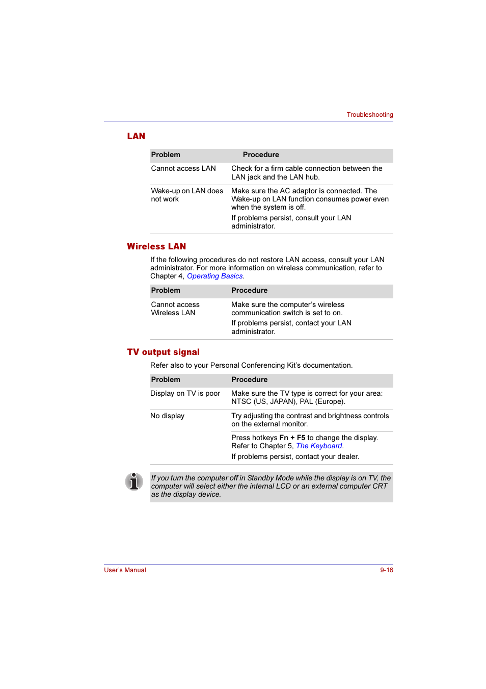 Wireless lan, Tv output signal, Lan -16 wireless lan -16 tv output signal -16 | Toshiba Qosmio E10 User Manual | Page 165 / 200