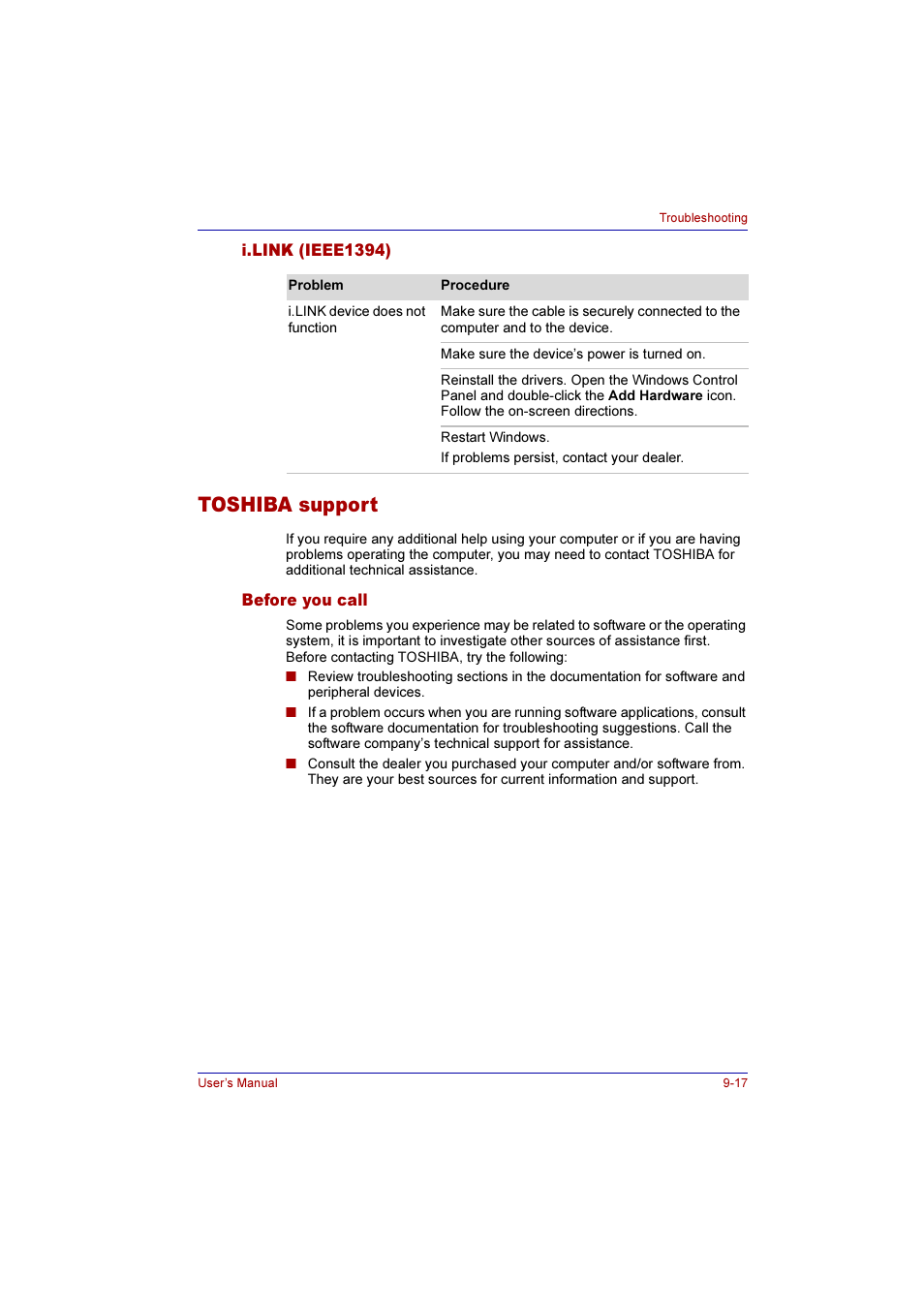 I.link (ieee1394), Toshiba support, Before you call | I.link (ieee1394) -17, Toshiba support -17, Before you call -17 | Toshiba Qosmio E10 User Manual | Page 166 / 200