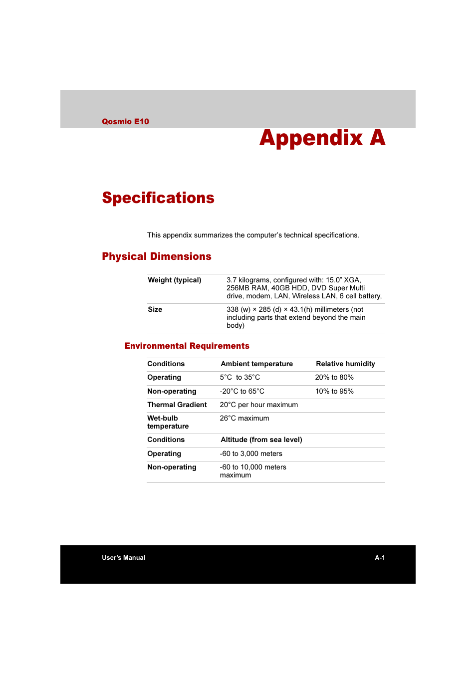 Appendix a specifications, Specifications, Appendix a | Physical dimensions | Toshiba Qosmio E10 User Manual | Page 167 / 200
