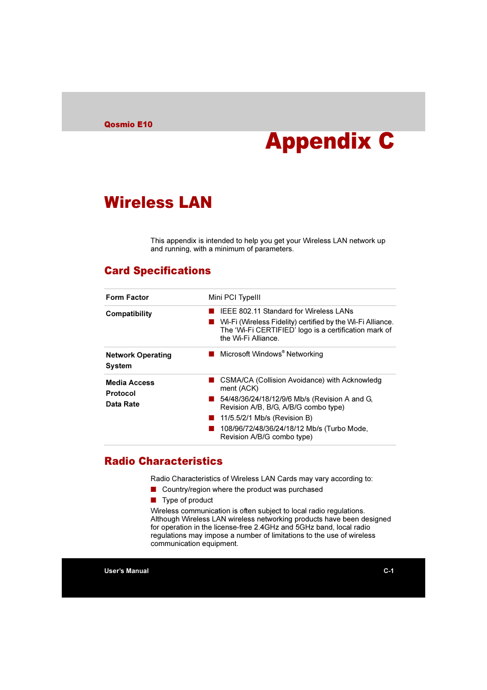 Appendix c wireless lan, Wireless lan, Appendix c | Card specifications radio characteristics | Toshiba Qosmio E10 User Manual | Page 176 / 200