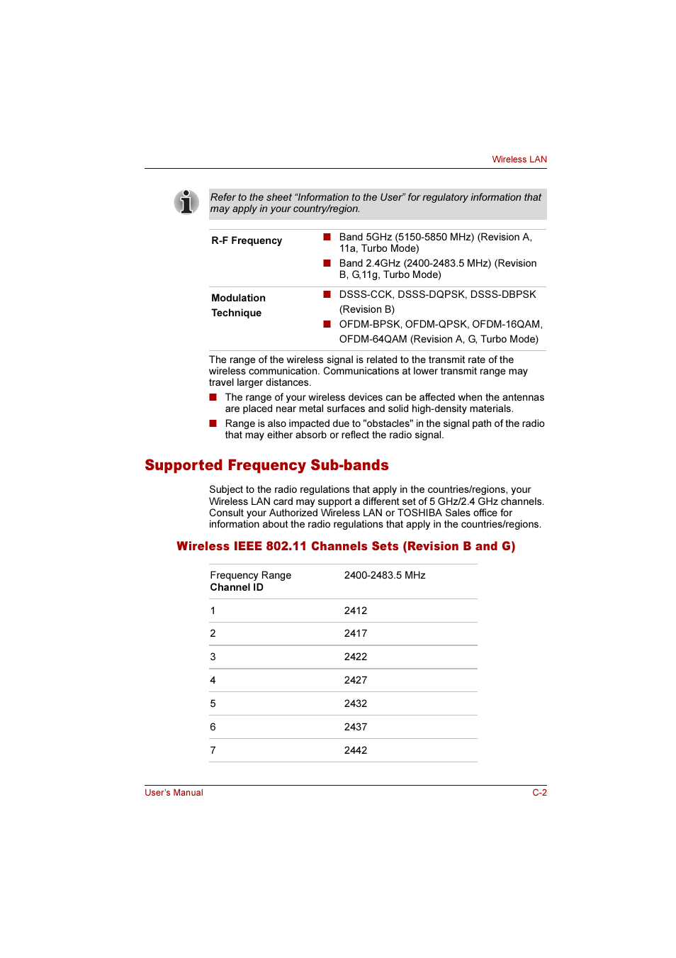 Supported frequency sub-bands | Toshiba Qosmio E10 User Manual | Page 177 / 200