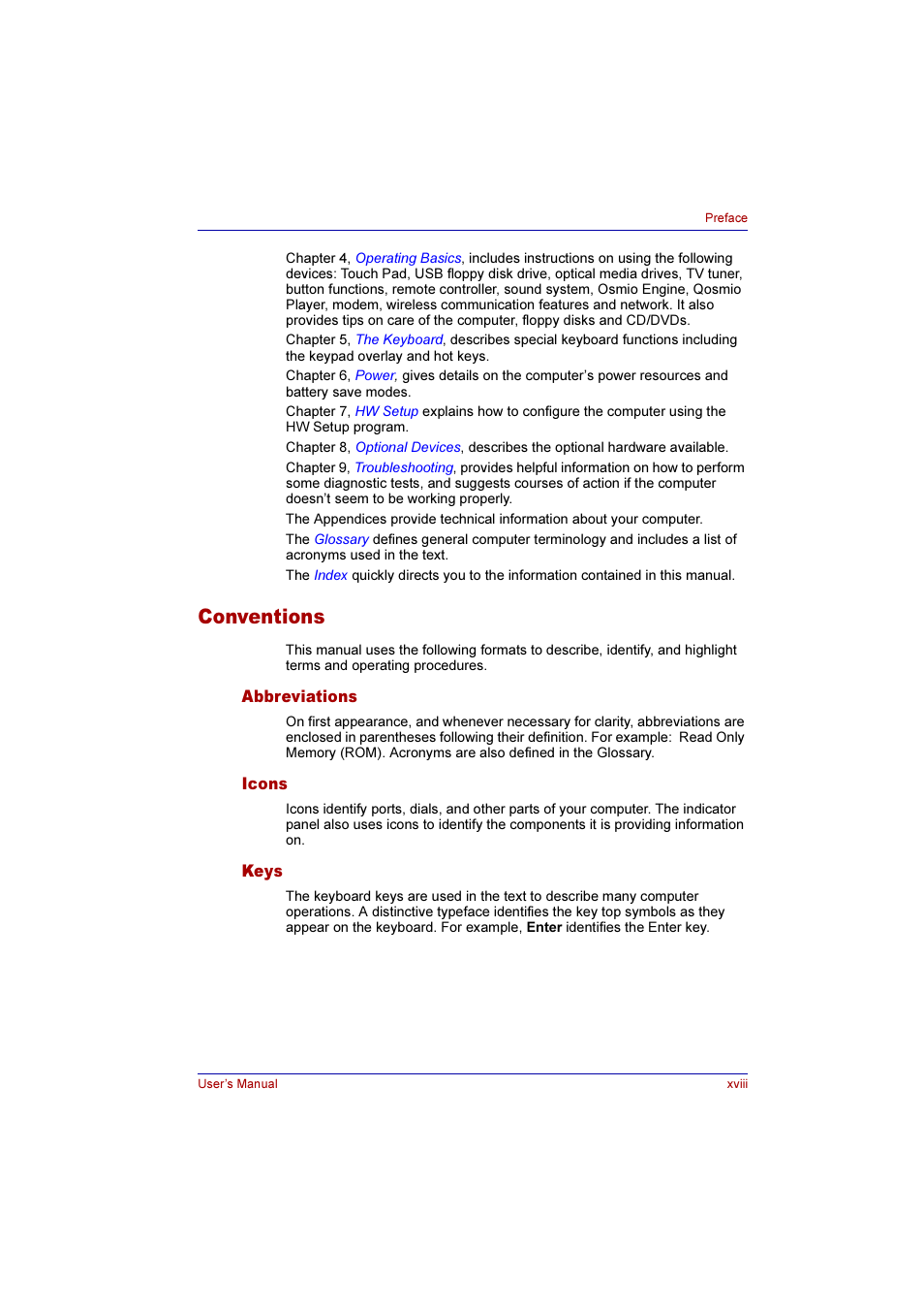 Conventions | Toshiba Qosmio E10 User Manual | Page 18 / 200