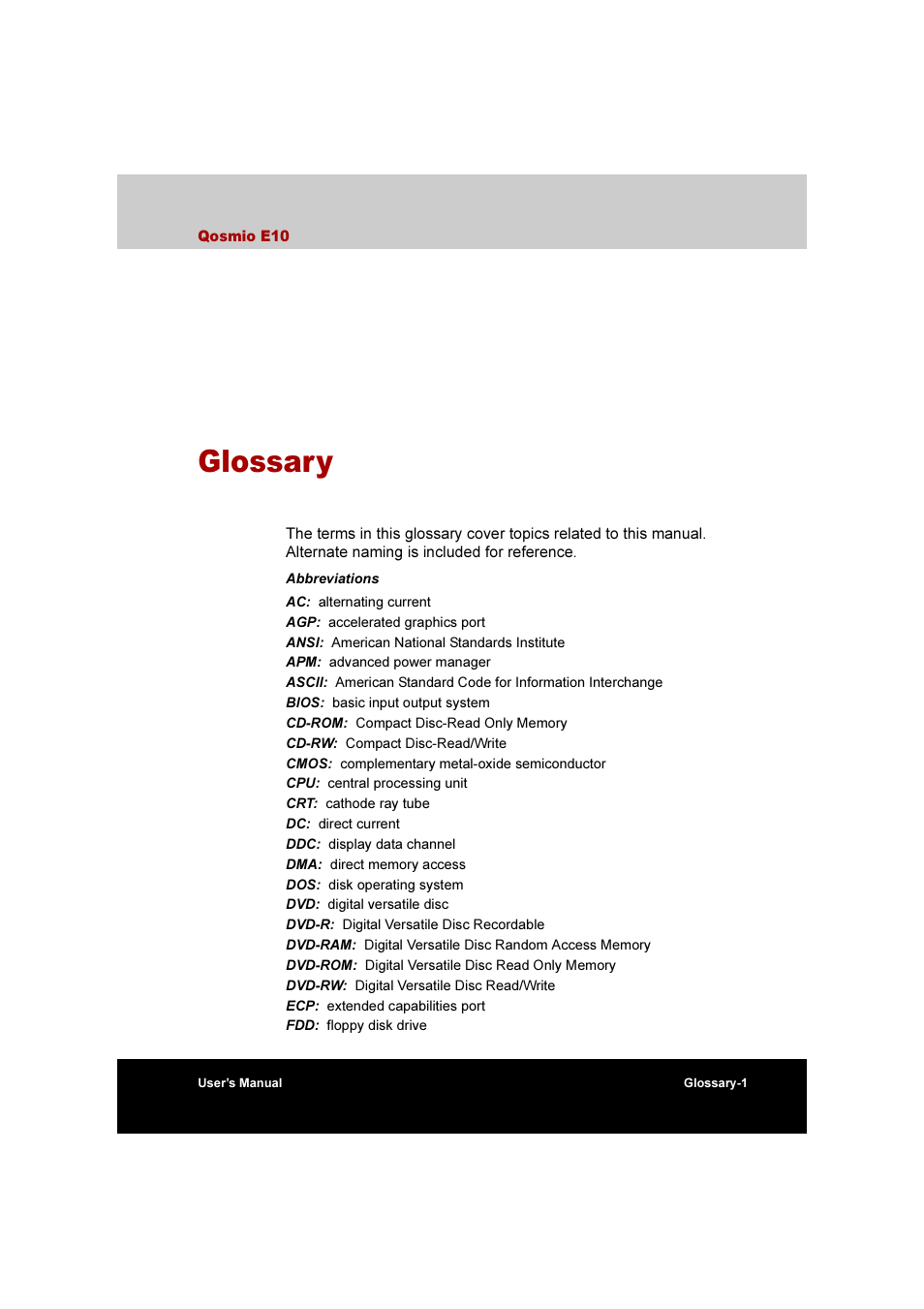 Glossary | Toshiba Qosmio E10 User Manual | Page 184 / 200