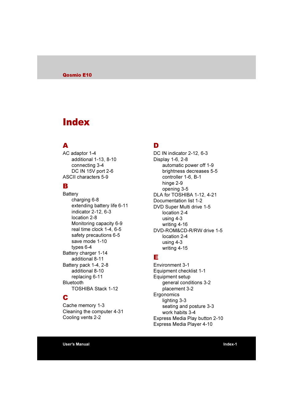 Index | Toshiba Qosmio E10 User Manual | Page 197 / 200