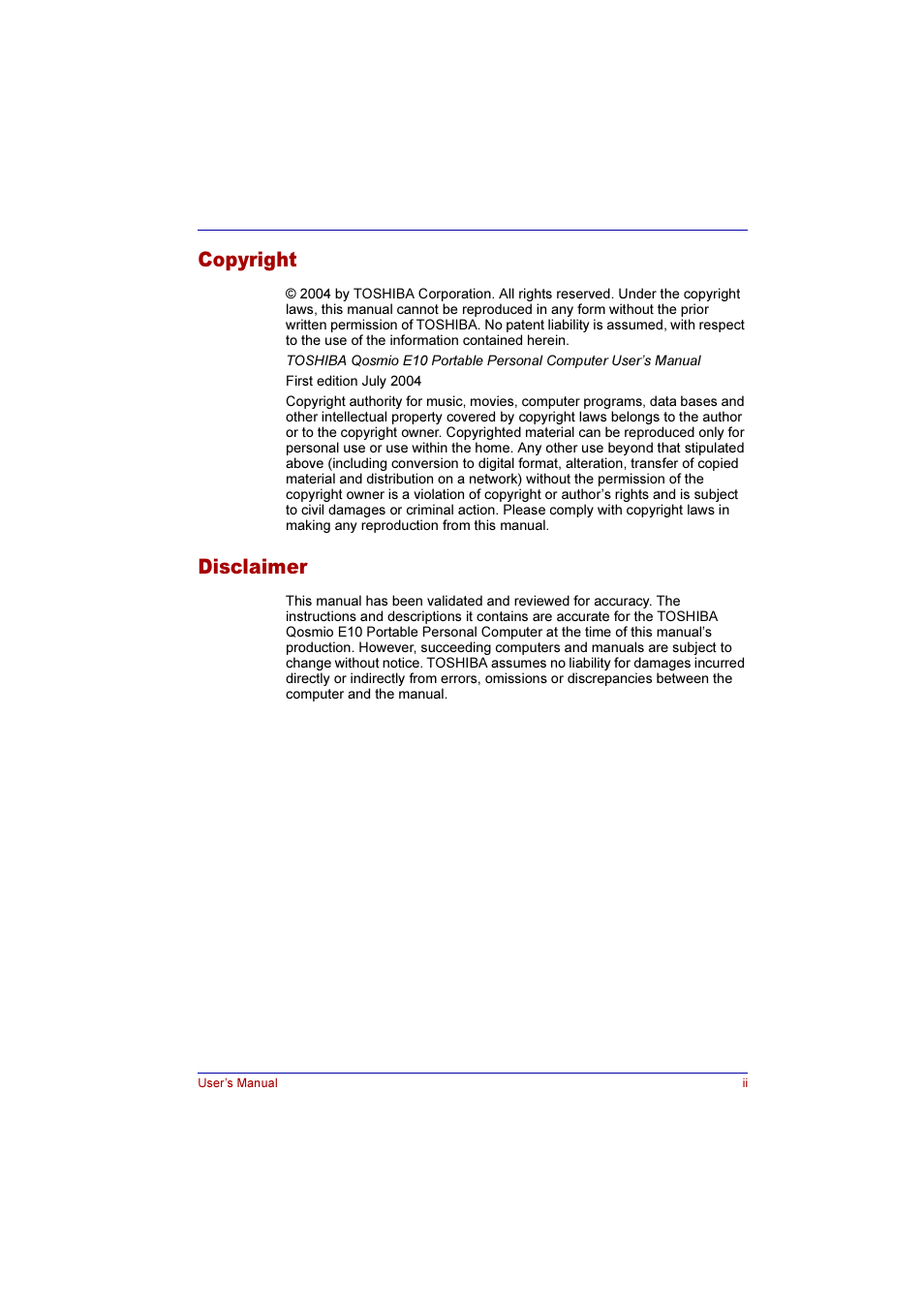 Copyright, Disclaimer | Toshiba Qosmio E10 User Manual | Page 2 / 200