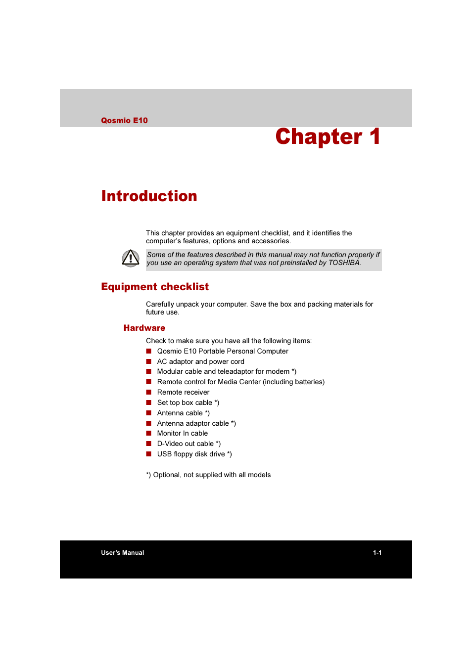 Chapter 1 introduction, Equipment checklist, Hardware | Introduction, Equipment checklist -1, Hardware -1, Chapter 1 | Toshiba Qosmio E10 User Manual | Page 27 / 200