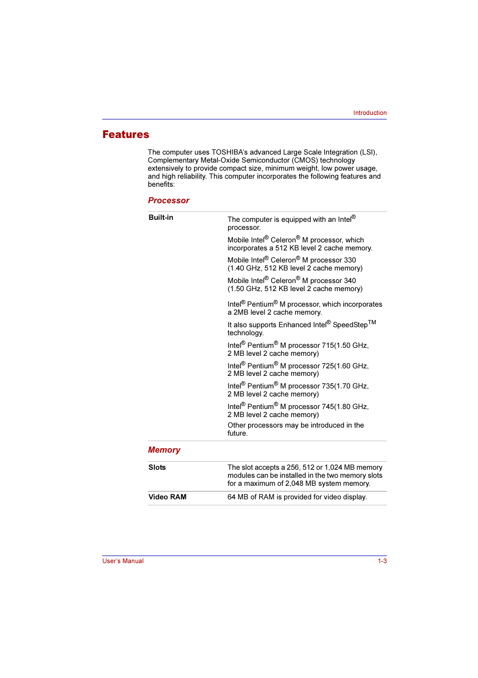 Features, Features -3 | Toshiba Qosmio E10 User Manual | Page 29 / 200