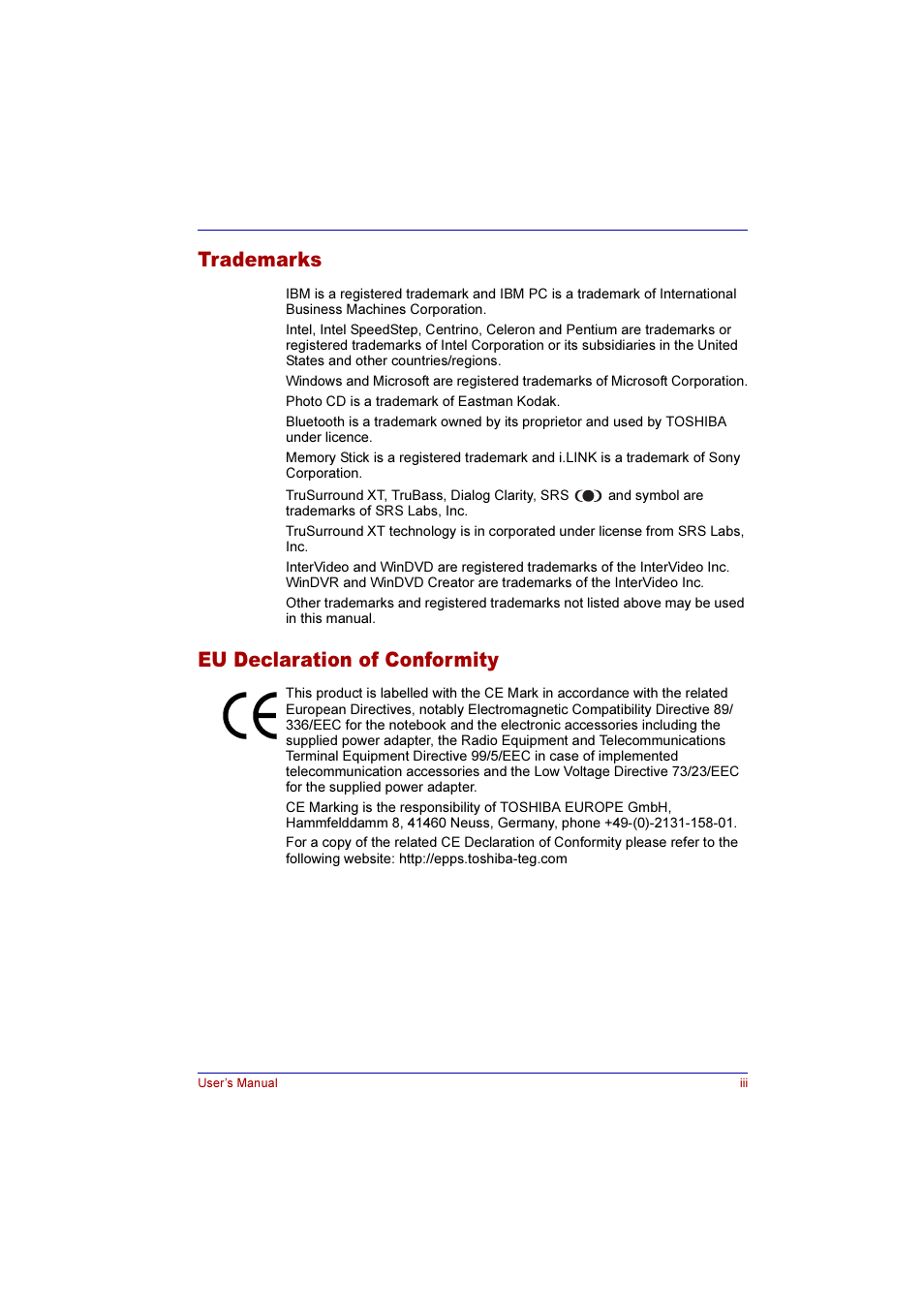 Trademarks, Eu declaration of conformity | Toshiba Qosmio E10 User Manual | Page 3 / 200